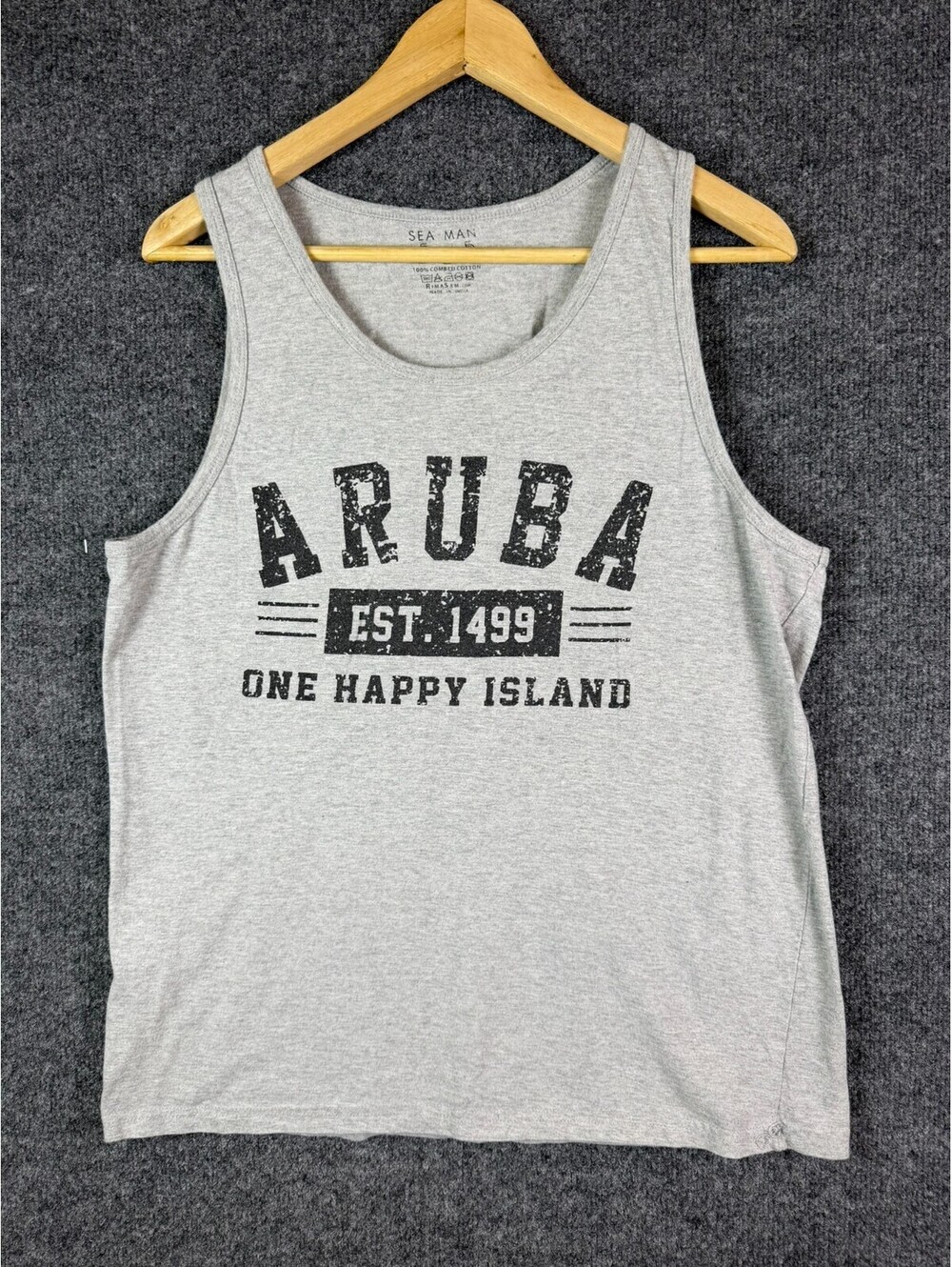 Aruba One Happy Island Tank Top Mens Large Gray Graphic Sleeveless Shirt Sea Man